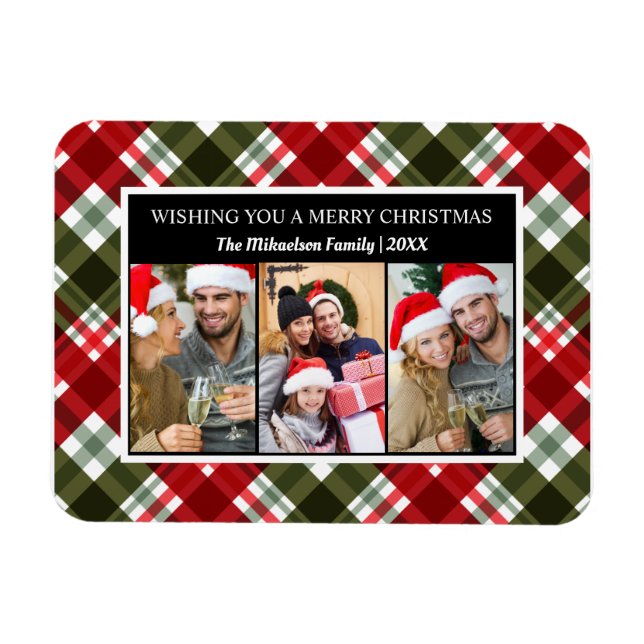Frohe Weihnachten Kariert Tartan FotoCollage Magnet (Horizontal)