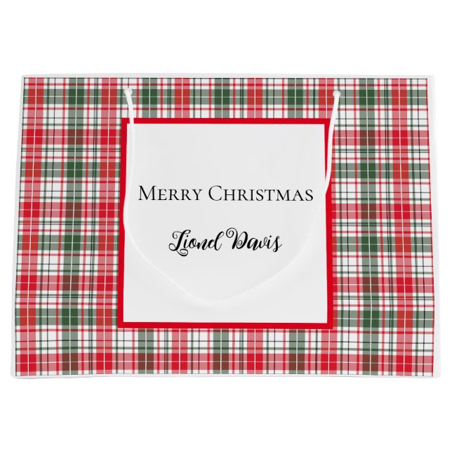 Frohe Weihnachten Kariert Tartan Rot, Weiß, Grün Große Geschenktüte (Vorderseite)