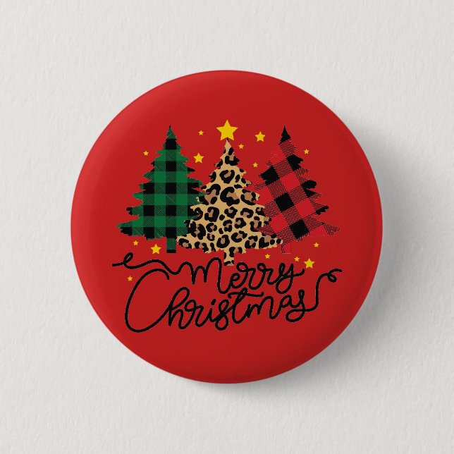 Frohe Weihnachten Kariert- und Tierdruckbäume Button (Vorderseite)