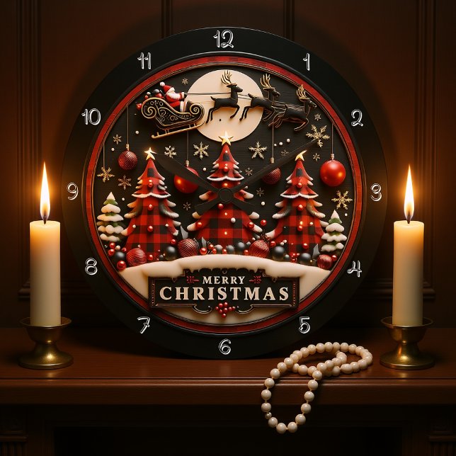 Frohe Weihnachten Karierte Bäume Santa Sleigh Große Wanduhr (Von Creator hochgeladen)