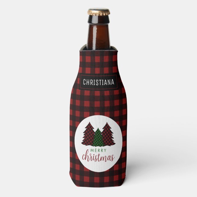 Frohe Weihnachten Karierte Muster Weihnachtsbaum Flaschenkühler (Flaschenvorderseite)