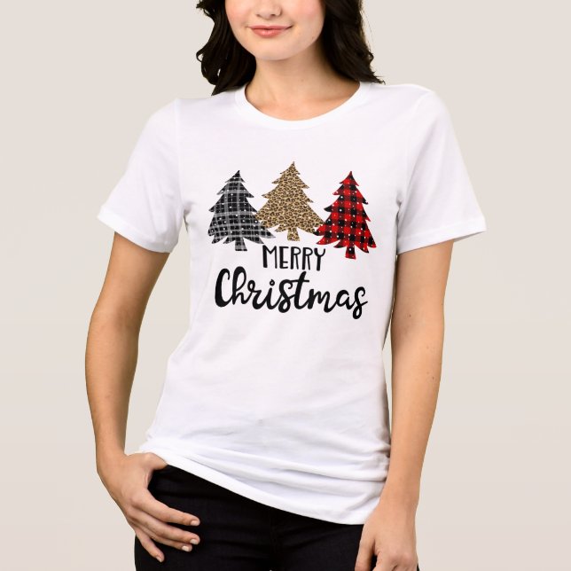 Frohe Weihnachten Karierten Weihnachtsbaumen Tri-Blend Shirt (Vorderseite)