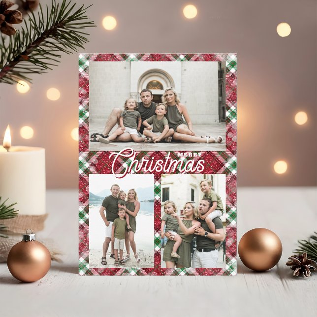 Frohe Weihnachten Karo 3 Foto Collage (Merry Christmas on plaid three photo collage flat holiday cards,  PRINTED and/or INSTANT DOWNLOAD)