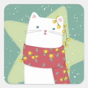 Frohe Weihnachten: Katze Illustration Quadratischer Aufkleber