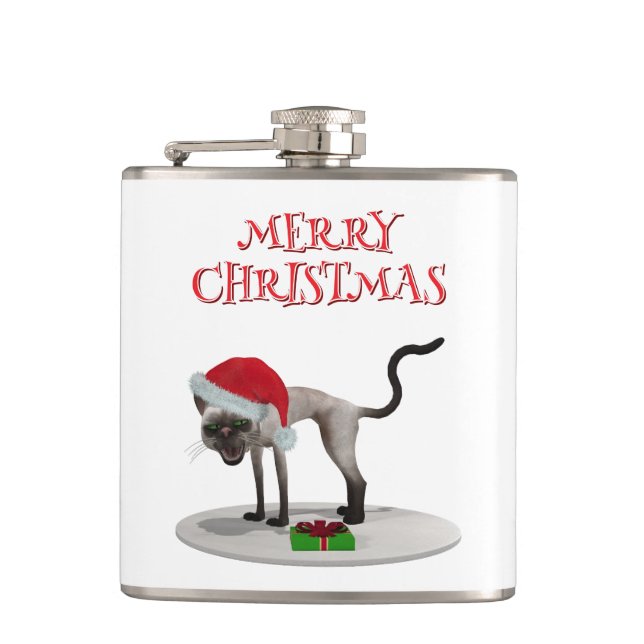 Frohe Weihnachten. Katze mit Santa-Hut Flachmann (Vorderseite)