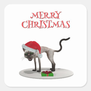 Frohe Weihnachten. Katze mit Santa-Hut Quadratischer Aufkleber