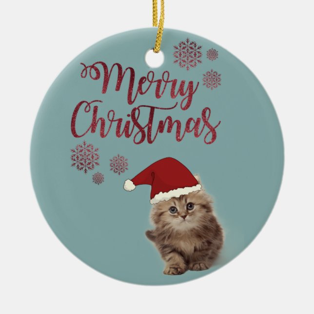 Frohe Weihnachten, Katze mit Weihnachtsmannmütze Keramik Ornament (Vorne)