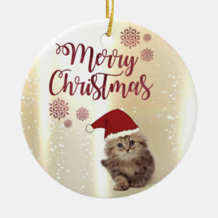 Frohe Weihnachten, Katze mit Weihnachtsmannmütze Keramikornament