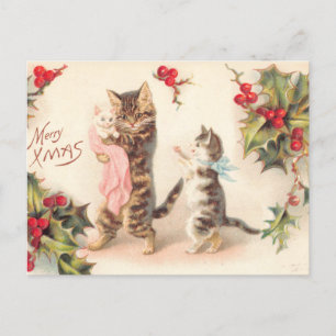 Frohe Weihnachten Katze und Kätzchen Stechpalme Vi Postkarte