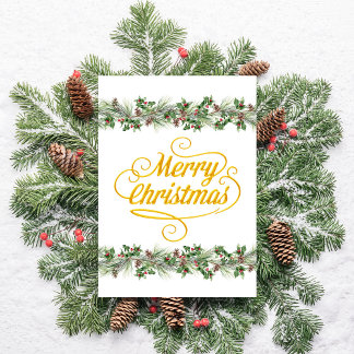 Frohe Weihnachten Kiefernzweige Zapfen Stechpalme