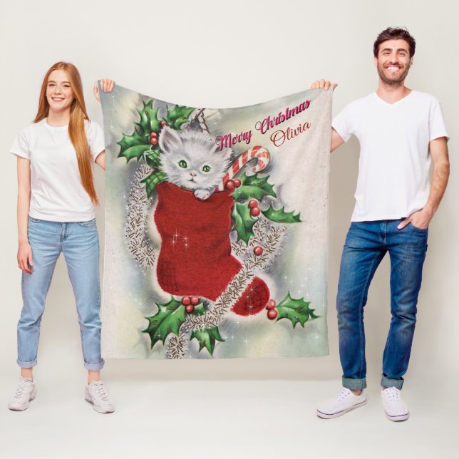 Frohe Weihnachten Kitten Red Strumpf Candy Cane Fleecedecke (Beispiel)