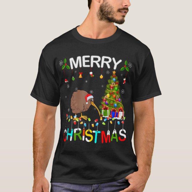 Frohe Weihnachten Kiwi Weihnachtsmannmütze Lights  T-Shirt (Vorderseite)