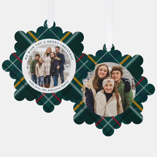 Frohe Weihnachten klassisch grün kariert zwei Foto Ornament Karte (Vorderseite/Rückseite)