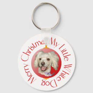 Frohe Weihnachten Kleiner Weißer Hund Schlüsselanhänger