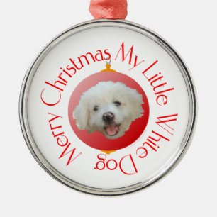 Frohe Weihnachten Kleiner Weißer Hund Silbernes Ornament