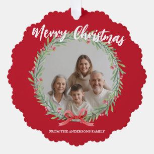 Frohe Weihnachten Kranz Foto Personalisiert Famili Ornament Karte