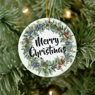 Frohe Weihnachten - Kranz - Handbemalte Wasserfarb Keramik Ornament