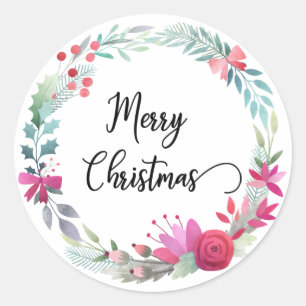 Frohe Weihnachten Kranz Wasserfarbe Kalligrafie Runder Aufkleber