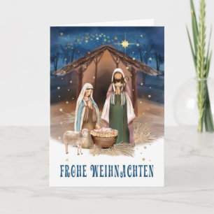 Frohe Weihnachten. Krippenkarte in deutscher Sprac Feiertagskarte