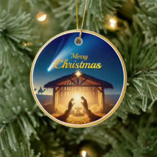 Frohe Weihnachten Krippenszene Stern Blau & Gold Keramik Ornament