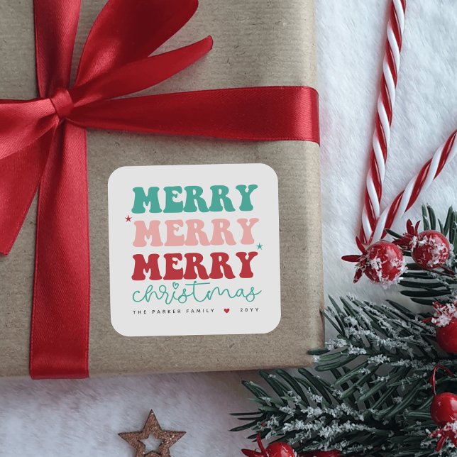 Frohe Weihnachten kühne farbenfrohe rote Herzen Quadratischer Aufkleber (Von Creator hochgeladen)