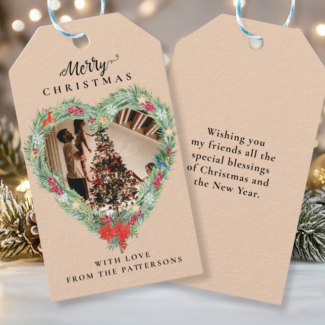 Frohe Weihnachten" kundenspezifisches Foto Herz Geschenkanhänger (Merry Christmas" customer specific photo heart Gift Tags)