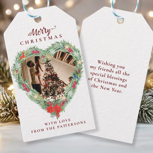 Frohe Weihnachten" kundenspezifisches Foto Herz Geschenkanhänger (Merry Christmas" customer specific photo heart Gift Tags)