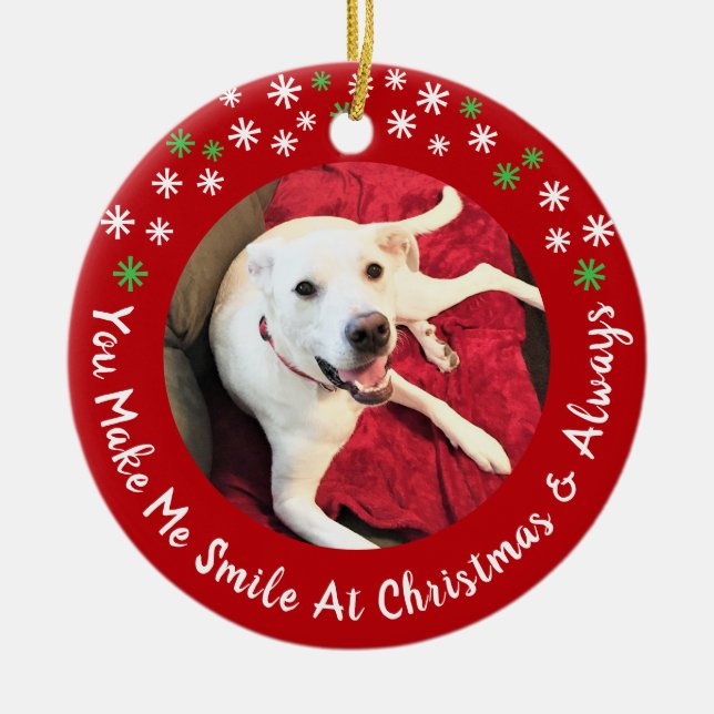 Frohe Weihnachten lächelnd Hund Foto Funny Red Cir Keramik Ornament (Vorne)