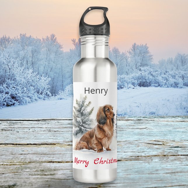 Frohe Weihnachten Langhaarige Dackel Hund im Schne Edelstahlflasche (A personalized water bottle with 'Merry Christmas' words and illustration of a long-haired dachshund)
