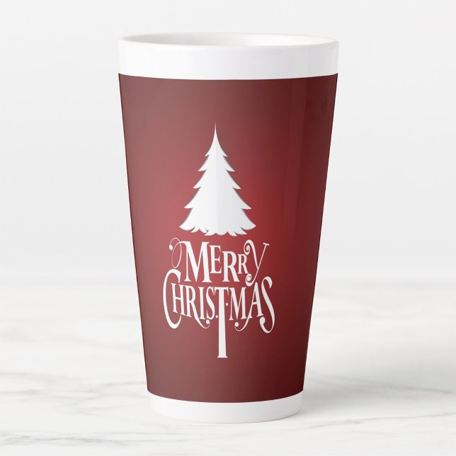 Frohe Weihnachten Latte Tasse (White Christmas Tree White Lettering Red Background!)