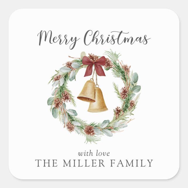 Frohe Weihnachten, Laubkranz mit goldenen Glocken Quadratischer Aufkleber (Vorderseite)