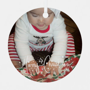 Frohe Weihnachten Lettering und Baby Familienfoto  Ornament Aus Metall