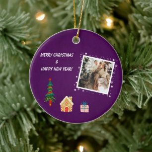 Frohe Weihnachten Lila Familienfoto Keramik Ornament