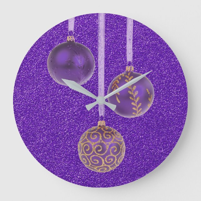 Frohe Weihnachten Lila Glitzer Baubles Elegante Große Wanduhr (Vorderseite)