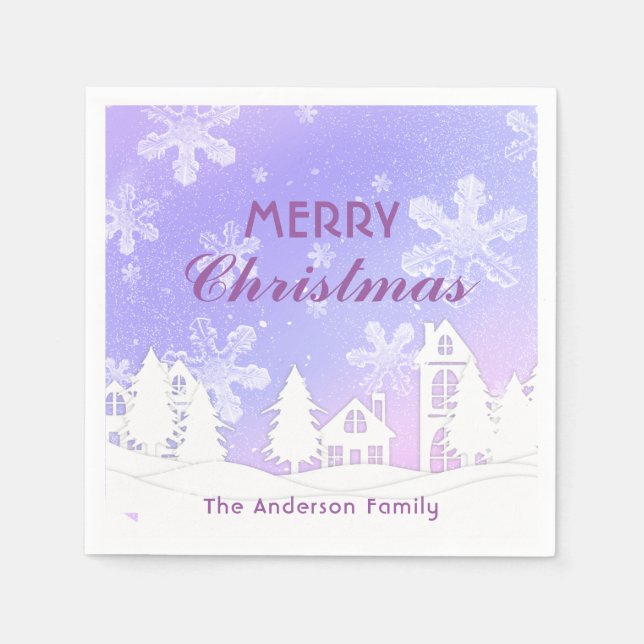 Frohe Weihnachten Lila Schneeflocken im Weißen Hau Serviette (Vorderseite)