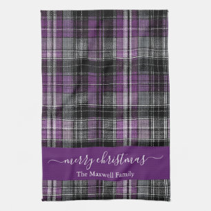 Frohe Weihnachten lila Tartan Karo Schrift Name Geschirrtuch