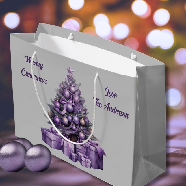 Frohe Weihnachten lila Weihnachtsbaum Große Geschenktüte (Nostalgic customizable large Christmas Bag )
