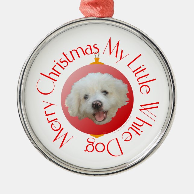 Frohe Weihnachten Little White Dog Silbernes Ornament (Vorne)