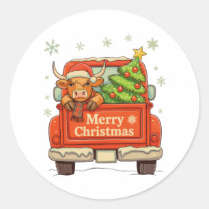 Frohe Weihnachten LKW Highland Kuh Baum Cozy Weihn Runder Aufkleber