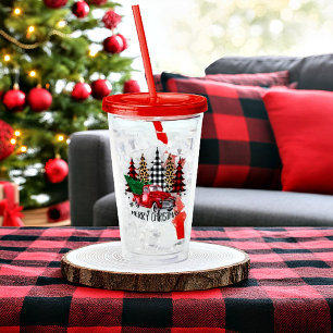 Frohe Weihnachten LKW und Bäume Acryltrinkbecher