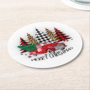 Frohe Weihnachten LKW und Bäume Runder Pappuntersetzer