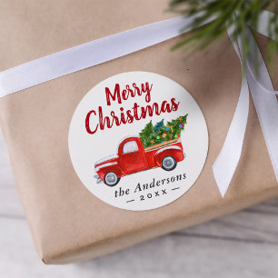Frohe Weihnachten LKW und Weihnachtsbäume Feiertag Runder Aufkleber