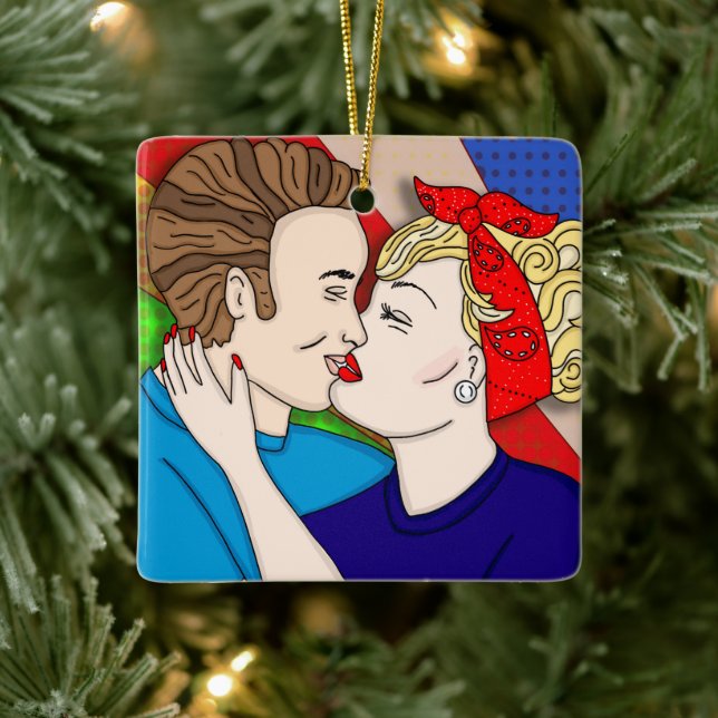 Frohe Weihnachten Lover | Retro Couple Kissing Keramikornament (Baum)