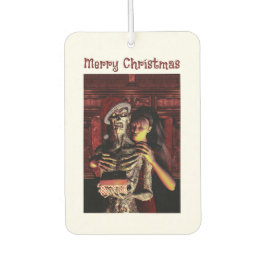 Frohe Weihnachten. Lustiges Skelett mit Frau Autolufterfrischer
