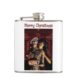 Frohe Weihnachten. Lustiges Skelett mit Frau Flachmann
