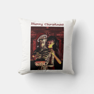 Frohe Weihnachten. Lustiges Skelett mit Frau Kissen