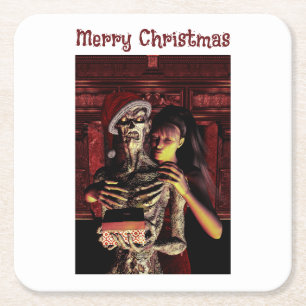 Frohe Weihnachten. Lustiges Skelett mit Frau Rechteckiger Pappuntersetzer