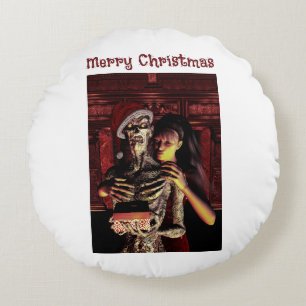 Frohe Weihnachten. Lustiges Skelett mit Frau Rundes Kissen