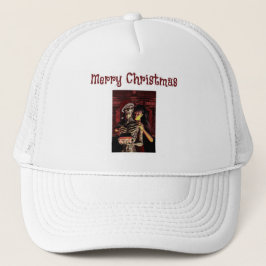 Frohe Weihnachten. Lustiges Skelett mit Frau Truckerkappe