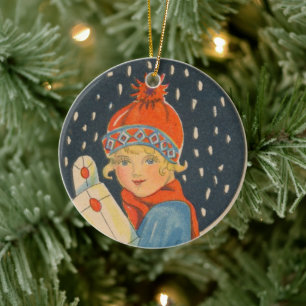 Frohe Weihnachten - Mädchen, alte schwedische Vint Keramik Ornament
